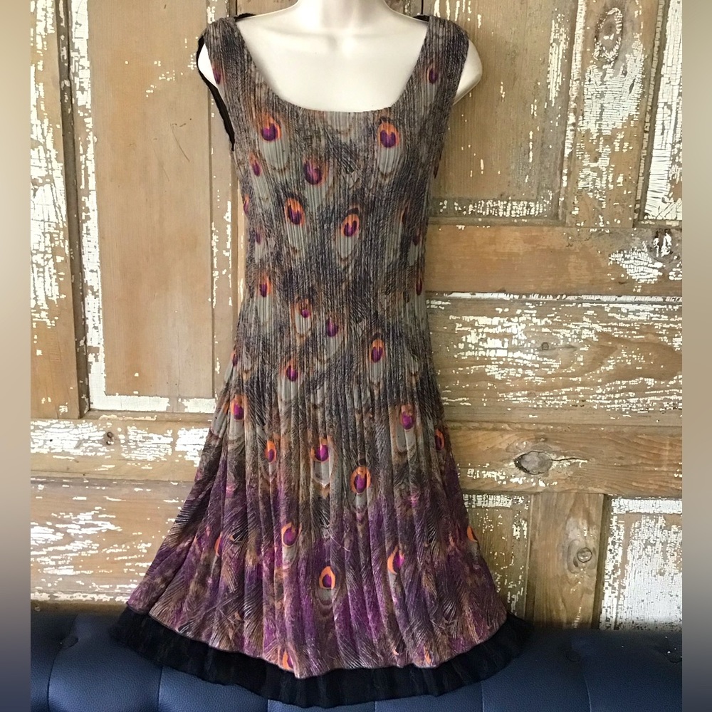 Veeca Dress Peacock Feather Print Multi Color XS Fit And Flare